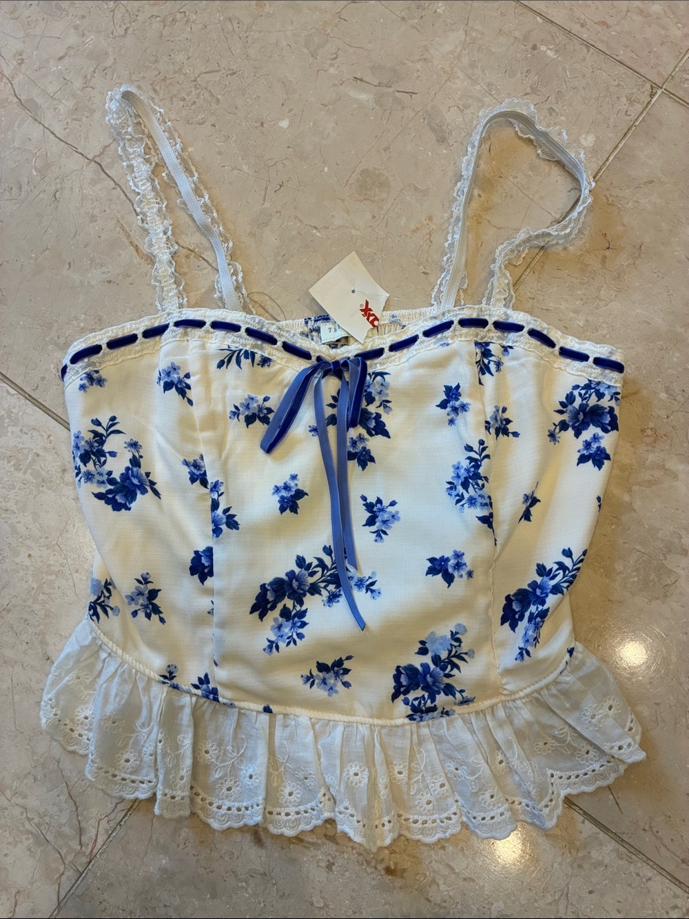 Blue Floral Lace-Trim Cami with Ruffle Hem